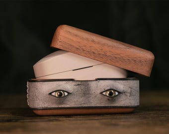 Personalized Leather & Wood Headphone Case: Evil Eye Keychain