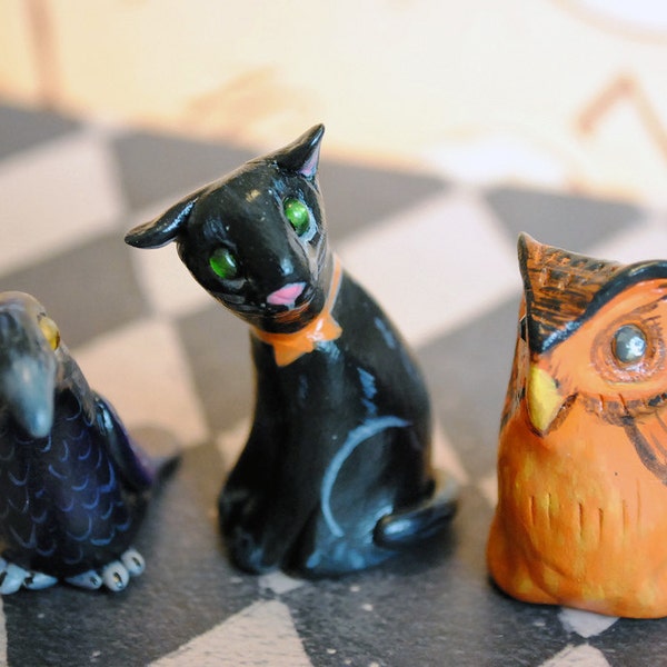 Crow Owl and Cat - 3 Hand Sculpted Halloween Miniatures