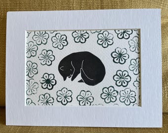 Sleeping Black Cat Linocut and Floral Stamp Print: Mounted, Handprinted Art