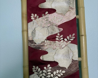 Y890 ヴィンテージ シルク 着物 袋帯 紺 金刺繍 / 唐織 三重塔 京都