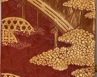 Auténtico obi fukuro de seda japonesa vintage, 100 % diseño en el panel frontal, largo completo, sin modificaciones.