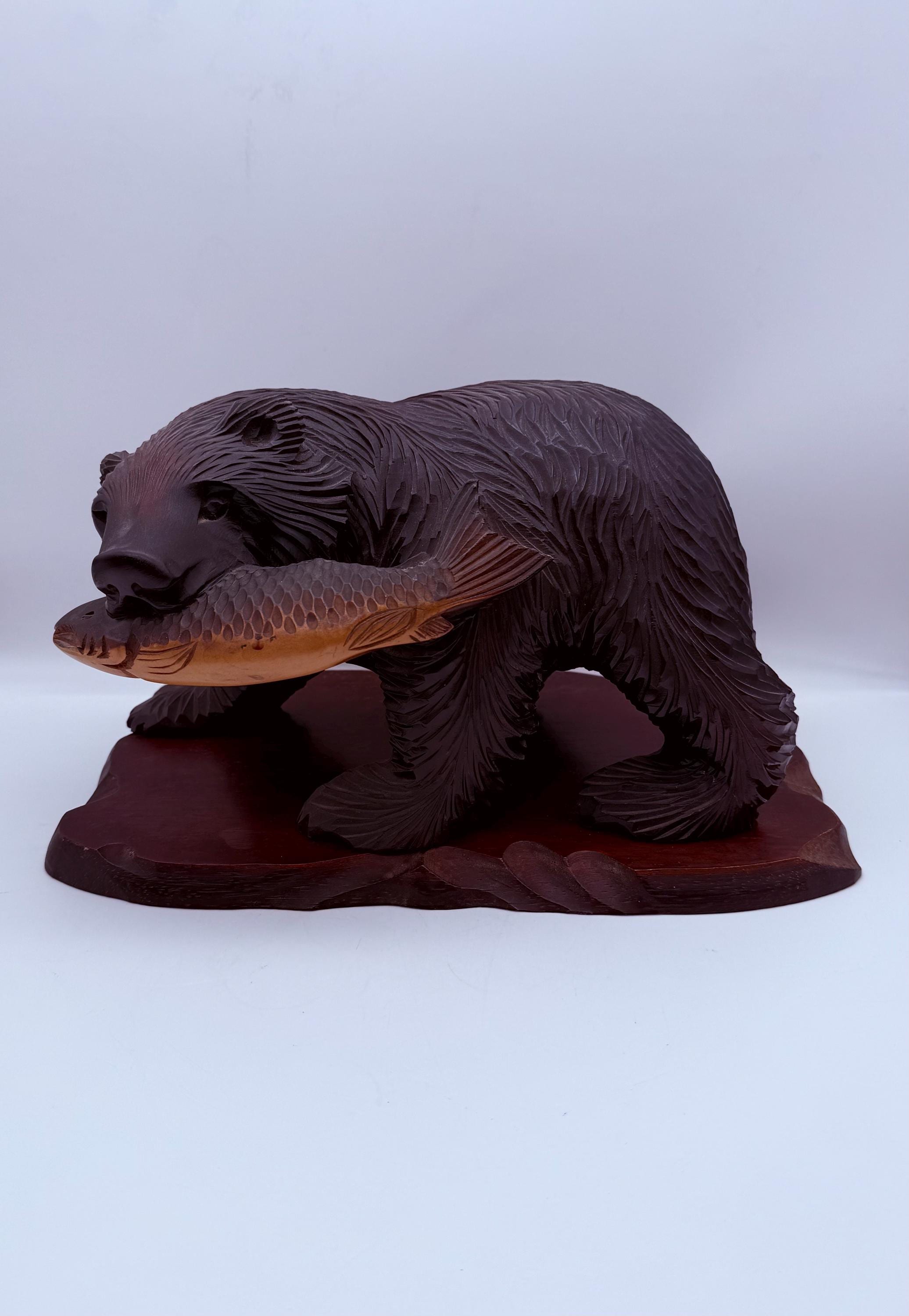 木製クマと魚の彫刻 ヴィンテージ ヴィンテージの日本製手彫りの鮭のクマ - Etsy 日本