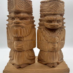 Vintage Japanese Hokkaido Ainu Carved Statues Man & Woman 10&quot; Tall with Display Plank