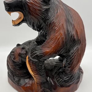 Vintage Japanese Hand Carved Wooden Hokkaido Bear and Cub With Salmon