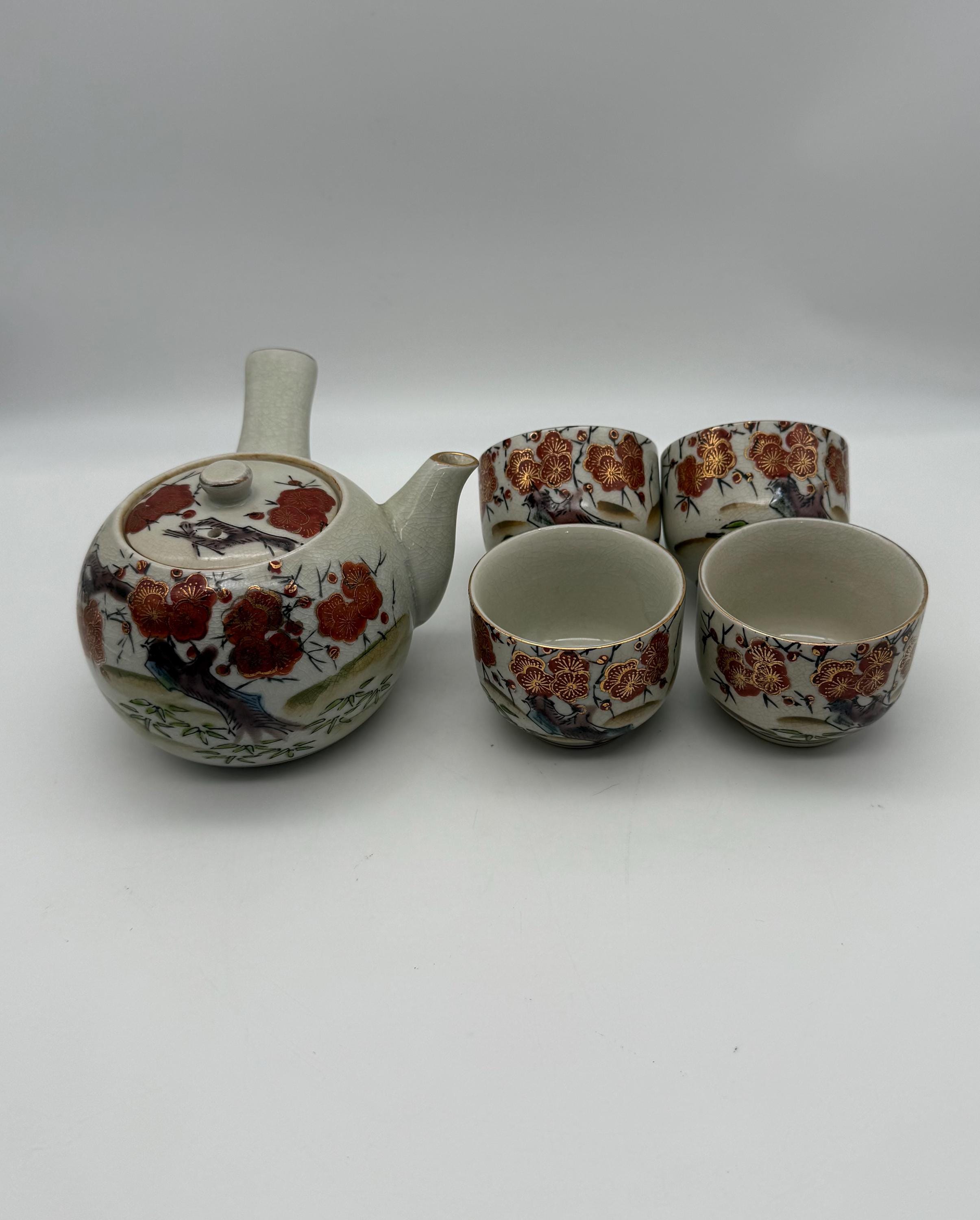 Vintage Japanese Kutani Ware Ume Plum Blossom Tea Set With Teapot and 4 Tea Cups