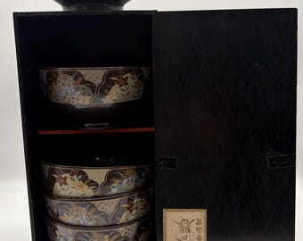 Japanisches Vintage Naturmotiv Fünfer-Schüssel-Set mit Box