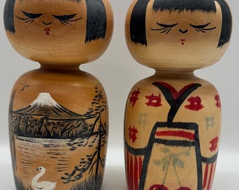 Two Japanese Wobbly Head Kokeshi Dolls