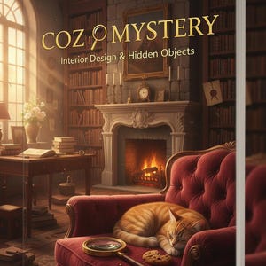 May include: A book cover for "COZY MYSTERY: Interior Design & Hidden Objects." The image depicts a warm interior with a fireplace, bookshelves, and a sleeping ginger cat on a red armchair. A magnifying glass and a biscuit are on the chair.