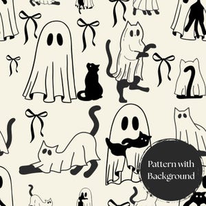 May include: A repeating pattern featuring black and white illustrations of ghosts, cats, and bows on a cream background. The text "Pattern with Background" is in a black circle. The design is suitable for Halloween or spooky-themed projects.