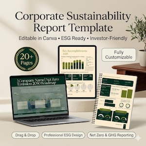 May include: A digital mockup of a corporate sustainability report template, displayed on a laptop, tablet, and spiral-bound notebook. The template includes charts, graphs, and the text "Corporate Sustainability Report Template." Additional text includes "Editable in Canva," "ESG Ready," and "Investor-Friendly."