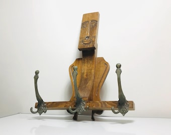 Vintage Wooden Coat Rack for Entryway Wall Hanging Hand Carved Face Folk Art