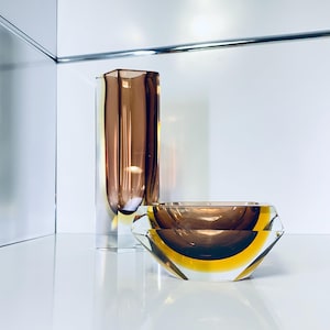 Murano Glass Vase and Ashtray Set – Vintage Sommerso Amber & Clear Art Glass