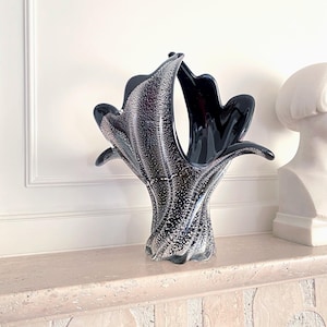 Formia Murano Glass Vase Vintage Black Silver Mid Century Modern Italian Decor