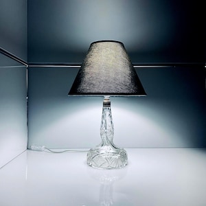 Vintage Elegant Sculptural Etched Cut Crystal Table Lamp with Dark Fabric Boudoir Shade