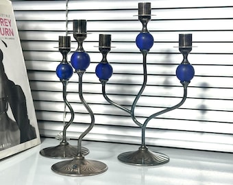 Lambidis Handmade Silver Candlesticks Postmodern Blue Glass Dining Centerpiece