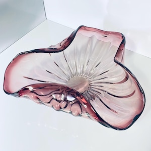 Vintage Murano Glass Bowl, Pink & Clear Flower Form Centerpiece