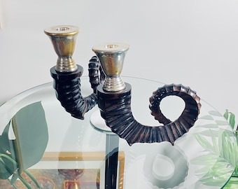 Paar Vintage Rams Horn Kerzenhalter (c.1970s) - Mid-Century Design