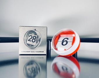 Space Age Perpetual Desk Calendar, 1970s Click A Date, New Old Stock 70s Orange Flip Ball, Great Gift for Designers and Collectors