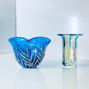 Vintage Mdina Glass Set, Hand Blown Blue Bowl & Swirl Vase, Mid Century Coastal Style