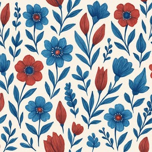Red & Blue Flowers Seamless Patterns | Digital Backgrounds | Scrapbook Paper | Instant Download