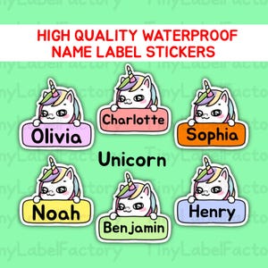 Cute Waterproof Name Labels Personalized Name tags Dishwasher safe Daycare School name stickers with Cute Kawaii Characters - Unicorn-Big