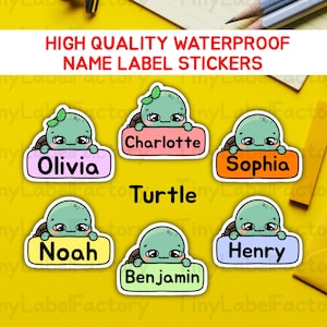 Cute Waterproof Name Labels Personalized Name tags Dishwasher safe Daycare School name stickers with Cute Kawaii Characters - Turtle-Big
