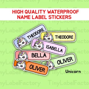 Cute Waterproof Name Labels Personalized Name tags Dishwasher safe Daycare School name stickers with Cute Kawaii Characters - Unicorn-Small