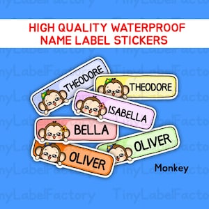 Cute Waterproof Name Labels Personalized Name tags Dishwasher safe Daycare School name stickers with Cute  Characters for kids Monkey-Small