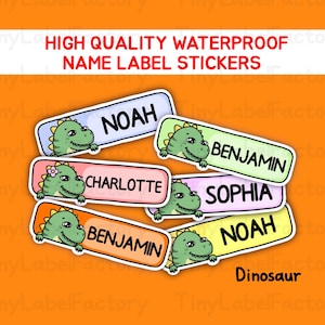 Cute Waterproof Name Labels Personalized Name tags Dishwasher safe Daycare School name stickers with Cute Kawaii Characters - Dinosaur-Small