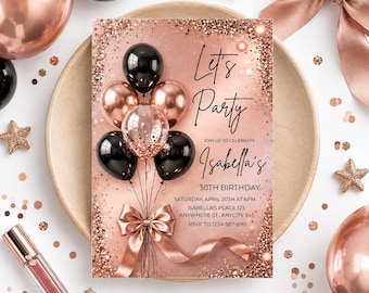 Rose Gold Black Balloons Birthday Invitation Template (Digital Download)