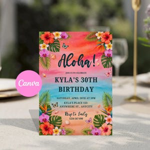 May include: A rectangular birthday invitation card featuring a watercolor sunset background in shades of orange, pink, and blue. The text reads Aloha! Kyla's 30th Birthday, Saturday, April 20th at 3pm, Kyla's Place 123 Anywhere St., Anycity, RSVP to Emily 1234-567-890.