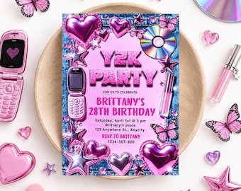 Pink Chrome Metallic Y2K Denim 2000s Birthday Invitation (Digital Download)