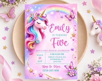 Floral Unicorn Birthday Invitation, Editable Pastel Unicorn Design (Instant Download)