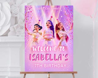 May include: A party welcome sign on an easel. The sign reads "Welcome to Isabella's 7th Birthday" with the text "Let's Celebrate" at the top. The sign features three cartoon girls holding sparklers and a cake, with a pink and purple background.