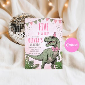 May include: A pink and green dinosaur-themed birthday invitation. The invitation features the text "FIVE A-SAURUS" and "OLIVIA'S 5TH BIRTHDAY". A cartoon T-Rex wearing a party hat and bow tie is also featured.
