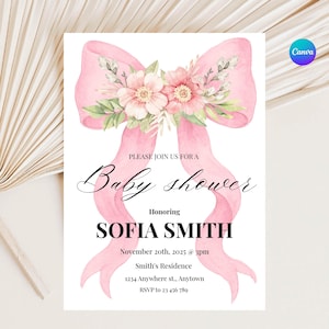 Editable Baby Shower Invitation Girl - Pink Bow Baby Shower Evite, Modern Floral Girl Invite, Big Bow Baby Shower Template