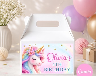 Unicorn Gable Box Label Template: Pink Pastel Birthday Party Favor (Canva Editable)