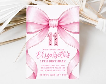 11th Sequin Pink Coquette Bow Birthday Invitation, Girl  Invite Editable Canva Template (Digital Download)