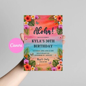 May include: A rectangular birthday invitation card featuring a vibrant watercolor background transitioning from orange to blue. The text reads Aloha! JOIN US TO CELEBRATE KYLA'S 30TH BIRTHDAY SATURDAY, APRIL 20TH AT 3PM KYLA'S PLACE 123 ANYWHERE ST., ANYCITY RSVP TO EMILY 1234-567-890.
