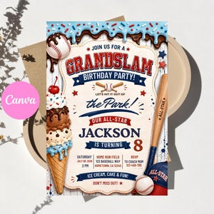 Puede incluir: Una invitación de cumpleaños con temática de béisbol que muestra un cono de helado de tres bolas, una pelota y un bate. El texto dice: JOIN US FOR A GRANDSLAM BIRTHDAY PARTY! LET'S HIT IT OUT OF the Park! OUR ALL-STAR JACKSON IS TURNING 8.