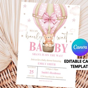 Convite editável para chá de bebê com ursinho de pelúcia – Modelo Pink Girl, tema de balão de ar quente, download instantâneo