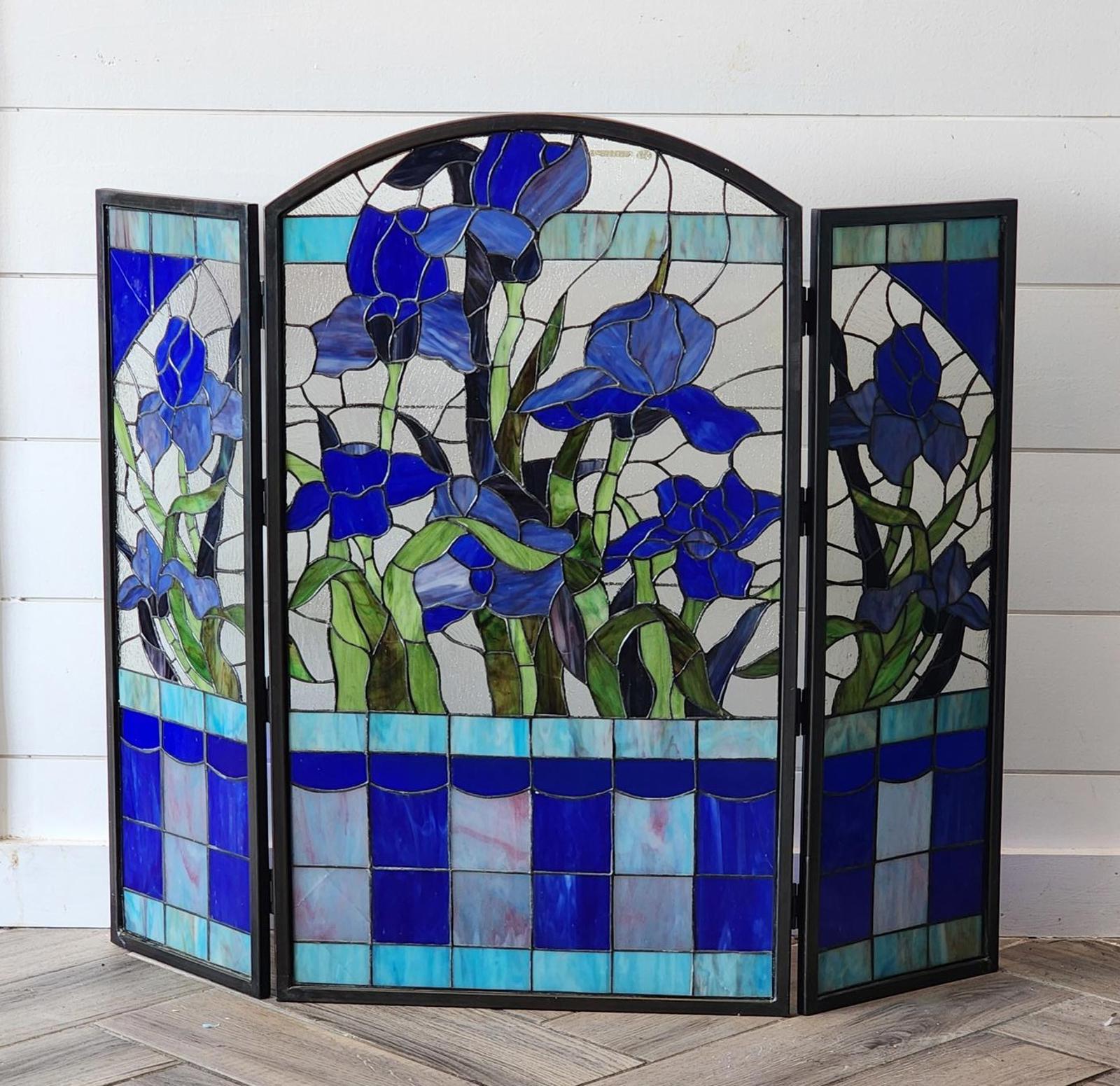 RARE Meyda Tiffany Iris Stained Glass Fireplace Screen - Retails
