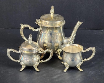 Vintage Silver Plate Single Serve Coffee or Tea Set- Mini Pot Creamer Sugar Bowl