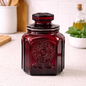 Vintage Wheaton robijnrode glazen apothekerspotbussen 7,5" hoog - 2 beschikbaar