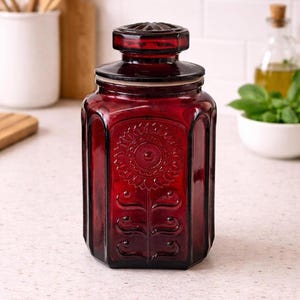 Vintage Wheaton robijnrode glazen apothekerspotblikken: 9,5" hoog - 2 beschikbaar