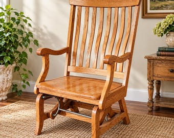 Massief eikenhouten schommelstoel met hoge lattenrugleuning, houten fauteuil van 114 cm (45 inch) in vintage stijl.