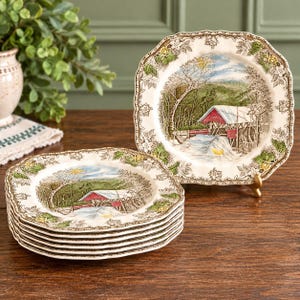 Set van 7 vintage Johnson Brothers Friendly Village overdekte brug snackbordjes