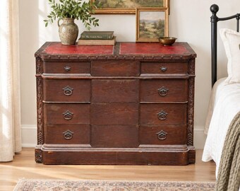 Antique Ornate Dark Oak 4-Drawer Chest Red Leather Top c.1910 Jacobean Revival