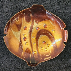 Sascha Brastoff Midcentury Signed Gold and Orange Enamel Bowl Dish 1950s Mid Century Modern Decor