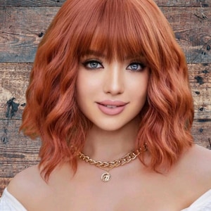 Short wavy red copper synthetic wig with bangs